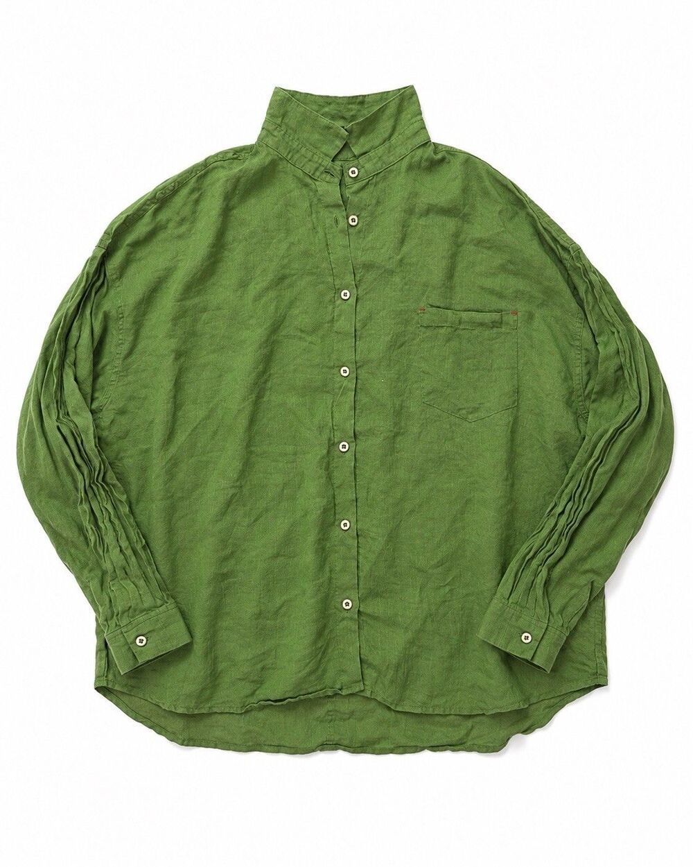Green 100% Ramie Button Shirt Japanese Label Pleated Sleeve One Size F 水沐良品